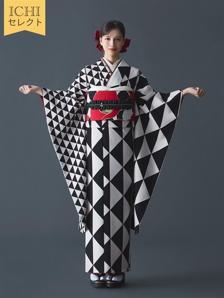10％OFF【ICHIセレクト】振袖レンタルコーデセット ウロコ(片身替り/黒)