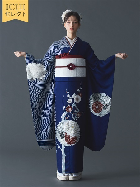 10％OFF【ICHIセレクト】振袖レンタルコーデセット 正絹振袖 立梅に波(紺)
