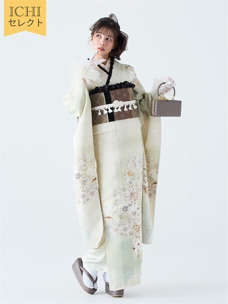 10％OFF【ICHIセレクト】振袖レンタルコーデセット　正絹振袖 花影(シャンパンゴールド)