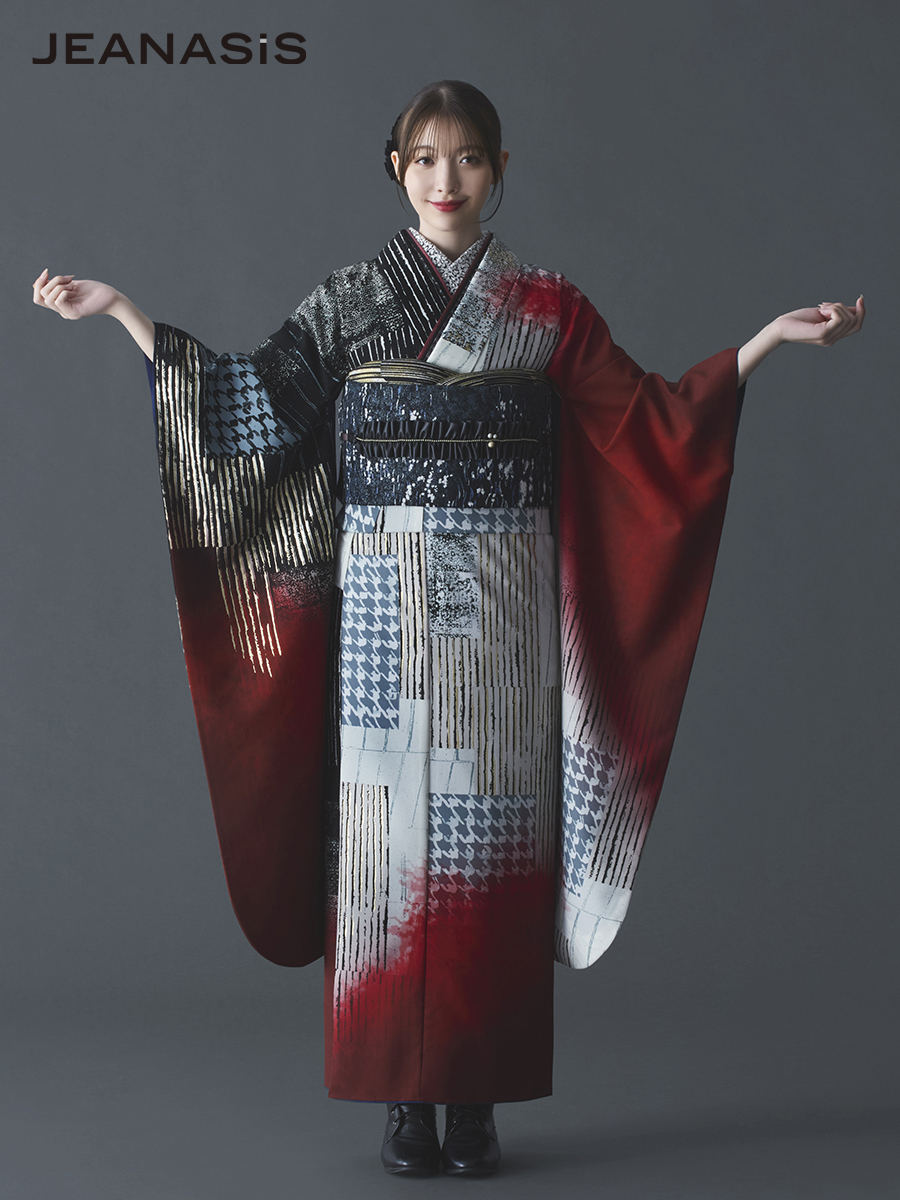  JEANASiS 振袖レンタルセット 千鳥パッチワーク(レッド)
