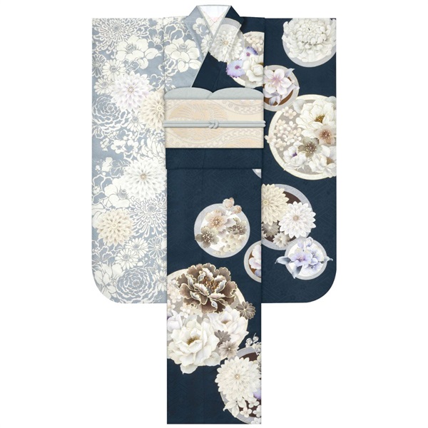 F5704 片身替り／紺色×花丸紋と菊柄の正絹振袖単品
