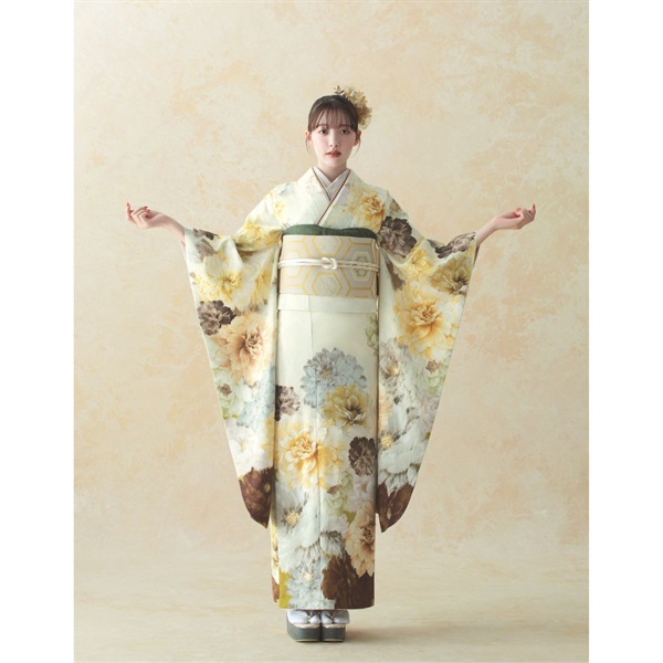 F5706 イエロー色×銘仙花柄の正絹振袖単品