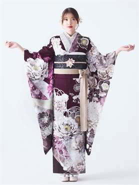 正絹振袖レンタルセット 雅牡丹(ワイン)