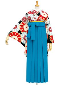 着物と袴のレンタルセット商品画像。袴はターコイズ色。着物は黒色。大菊柄のデザイン。