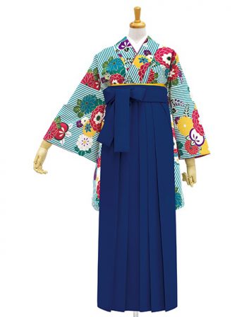 着物と袴のレンタルセット商品画像。袴は紺色。着物はターコイズ色。縞に万寿菊柄のデザイン。