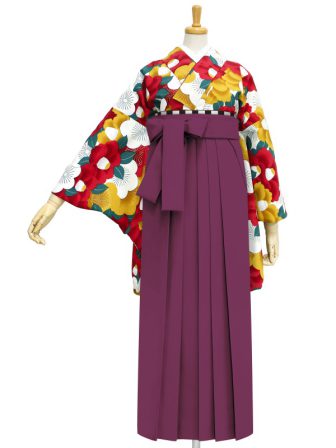 着物と袴のレンタルセット商品画像。袴はえんじ色。着物は金茶色。新梅椿柄のデザイン。