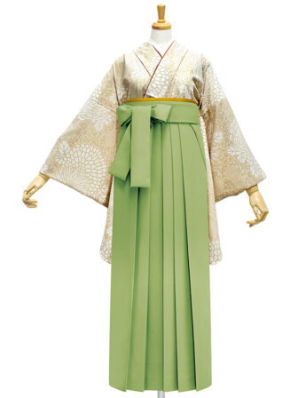 着物と袴のレンタルセット商品画像。袴は抹茶色。着物はキャメル色。糸目菊柄のデザイン。