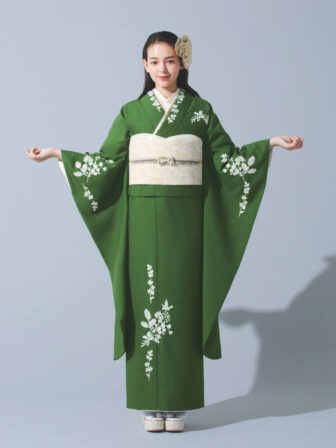 振袖 レース刺繍(緑) 帯 更紗(オフ) 小物別売