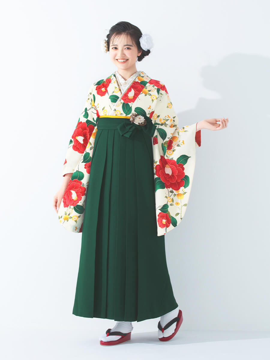 オフ色×乙女椿柄の着物の袴レンタル一式セット【和風館ICHI】