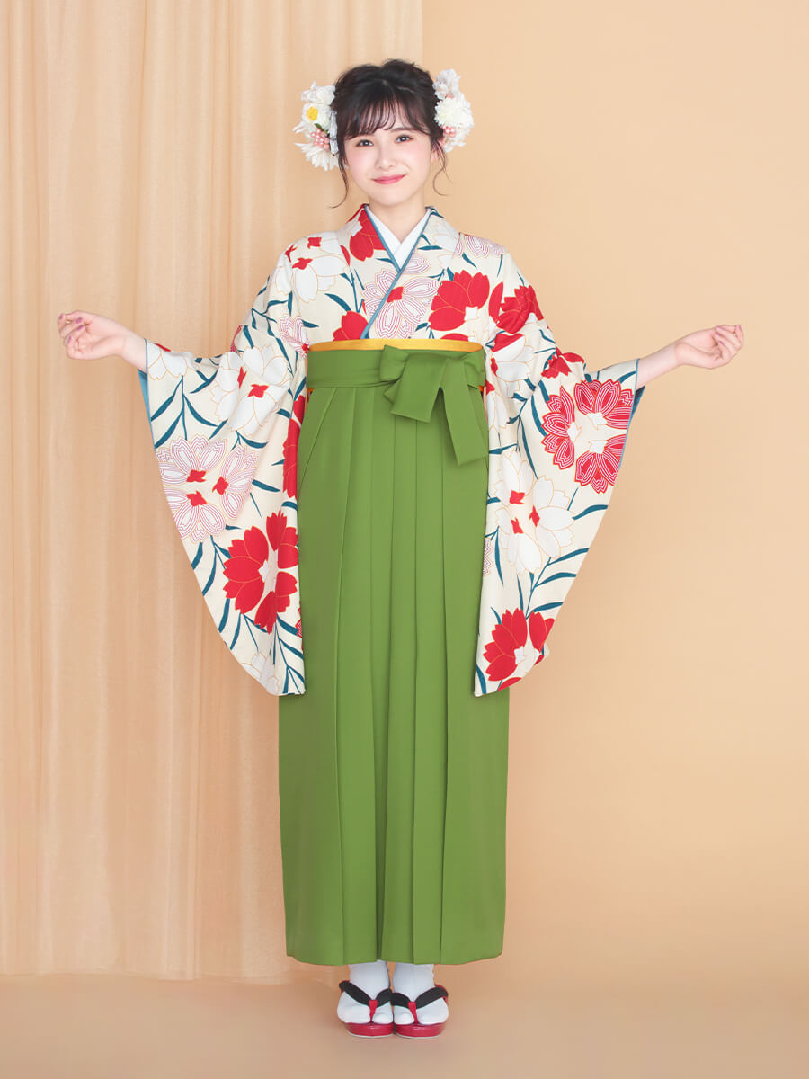 オフ色×桜柄の着物の袴レンタル一式セット【和風館ICHI】